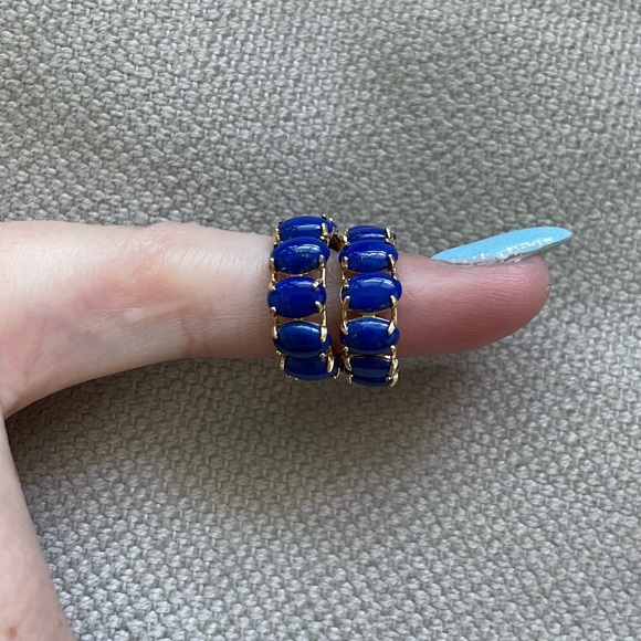 Estate💙14KT Gold💙Lapis Cabochon Half Huggie Hoop Earrings - Picture 4 of 7